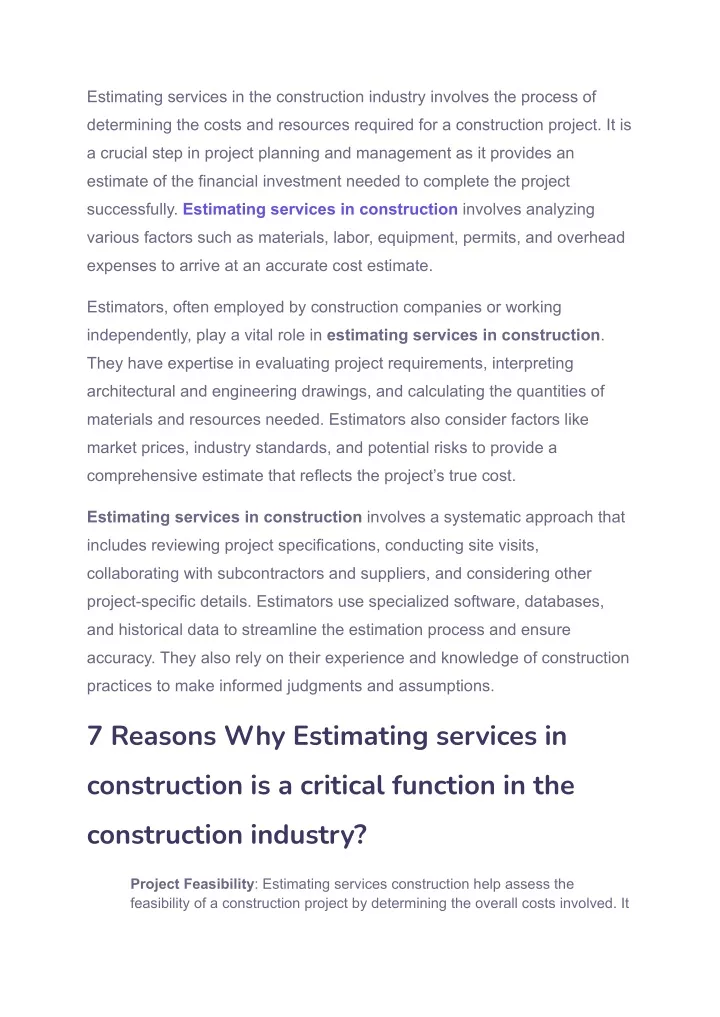 estimating services in the construction industry
