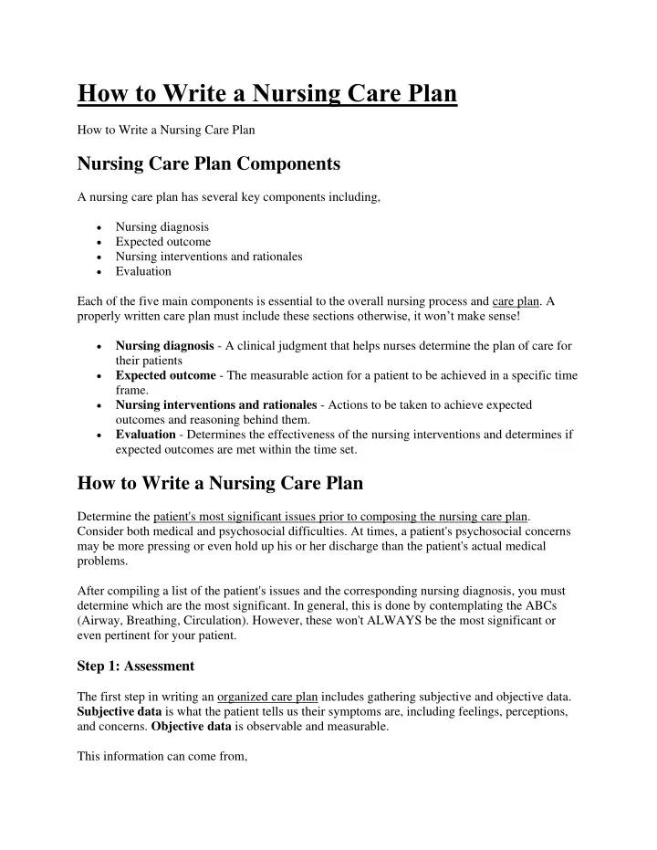 how to write a nursing care plan