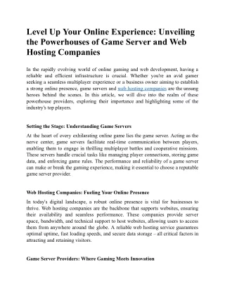 Level Up Your Online Experience Unveiling the Powerhouses of Game Server and Web Hosting Companies