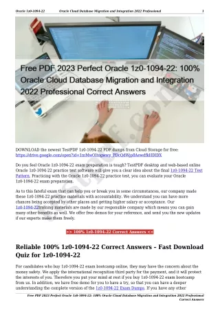 Free PDF 2023 Perfect Oracle 1z0-1094-22: 100% Oracle Cloud Database Migration and Integration 2022 Professional Correct