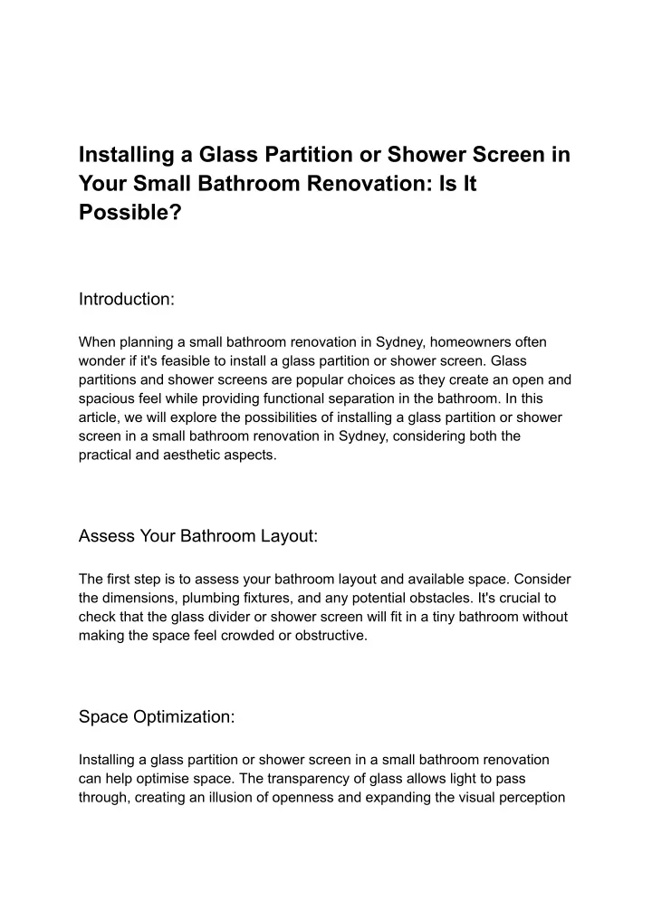 installing a glass partition or shower screen