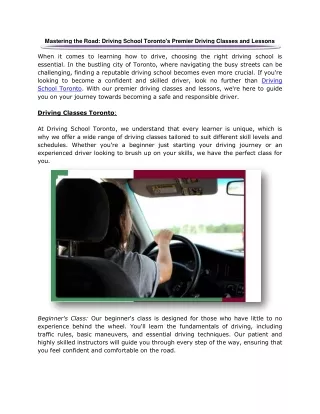 Mastering the Road: Driving School Toronto's Premier Driving Classes and Lessons