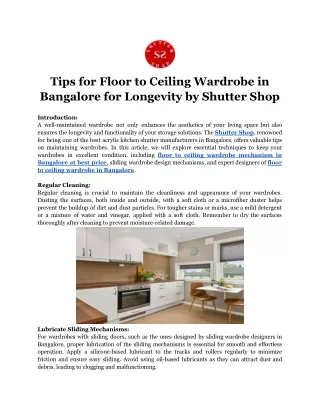 Tips for Floor to Ceiling Wardrobe in Bangalore for Longevity by Shutter Shop