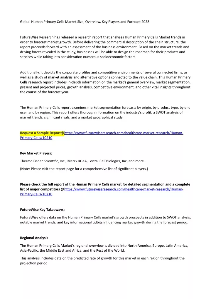 global human primary cells market size overview