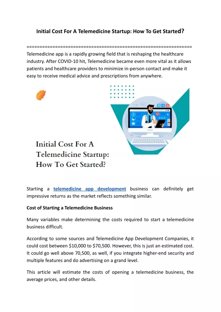 initial cost for a telemedicine startup