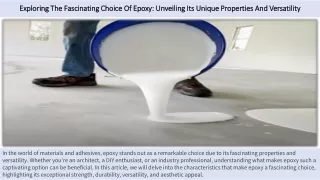 exploring the fascinating choice of epoxy unveiling its unique properties and versatility
