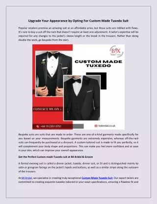 Upgrade Your Appearance by Opting For Custom Made Tuxedo Suit