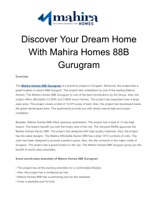 Discover Your Dream Home With Mahira Homes 88B Gurugram