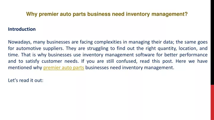 why premier auto parts business need inventory