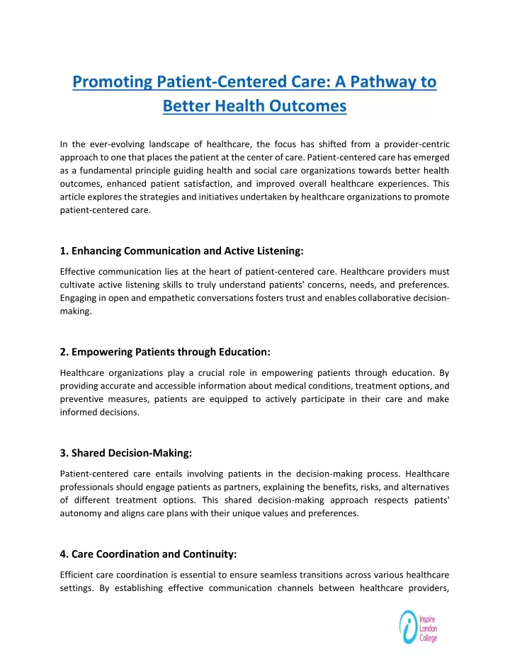 promoting patient centered care a pathway