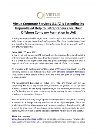 Virtue Corporate Services LLC FZ is Extending its Unparalleled Help to Entrepren