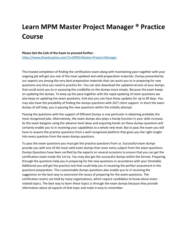 learn mpm master project manager practice course