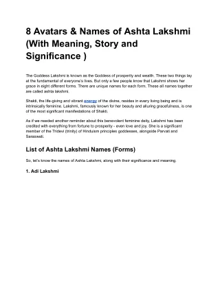 8 Avatars & Names of Ashta Lakshmi