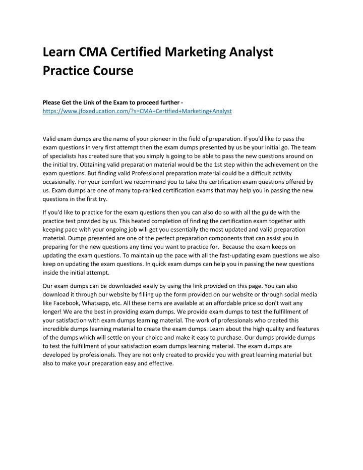 learn cma certified marketing analyst practice