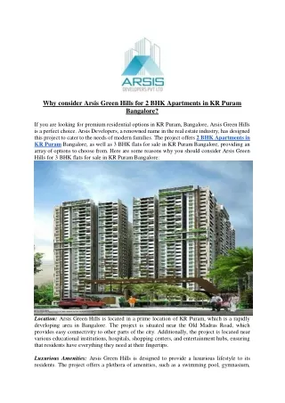 Why consider Arsis Green Hills for 2 BHK Apartments in KR Puram Bangalore