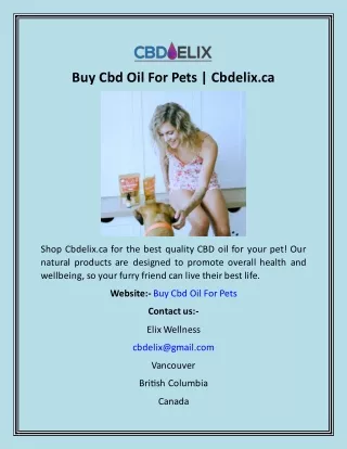 Buy Cbd Oil For Pets | Cbdelix.ca