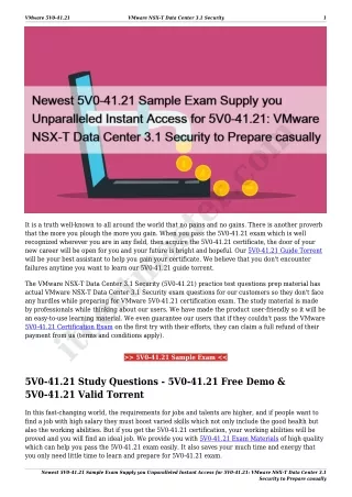 Newest 5V0-41.21 Sample Exam Supply you Unparalleled Instant Access for 5V0-41.21: VMware NSX-T Data Center 3.1 Security
