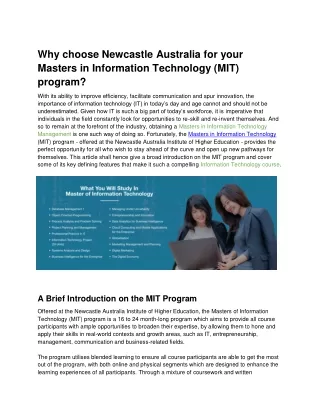 Why choose Newcastle Australia for your Masters of Information Technology (MIT) programme