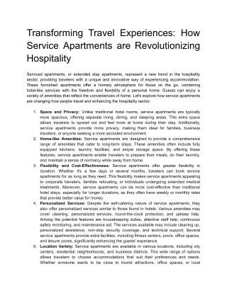 Transforming Travel Experiences: How Service Apartments are Revolutionizing