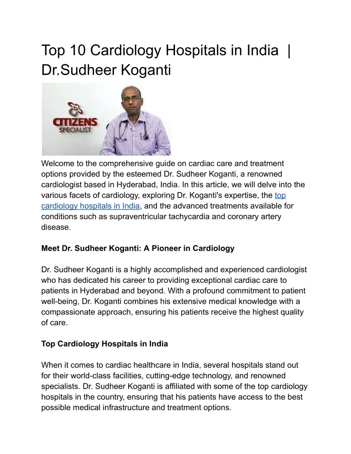 top 10 cardiology hospitals in india dr sudheer