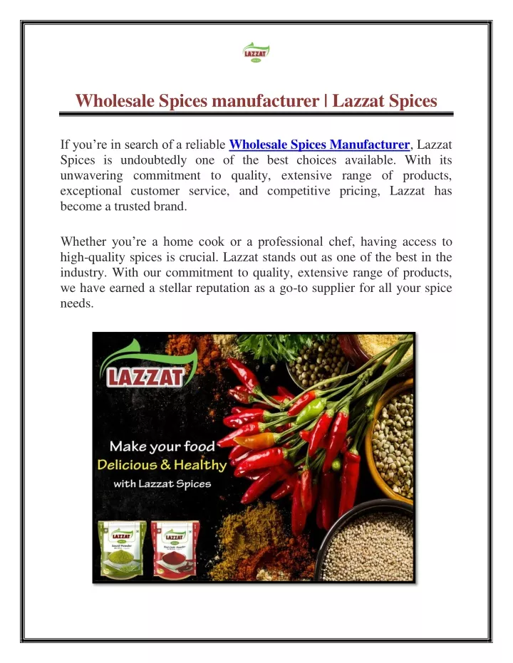 wholesale spices manufacturer lazzat spices