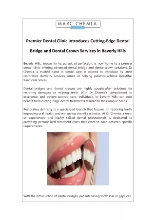 Premier Dental Clinic Introduces Cutting-Edge Dental Bridge and Dental Crown Services in Beverly Hills