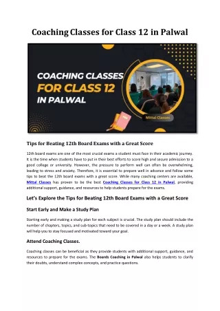 Coaching Classes for Class 12 in Palwal