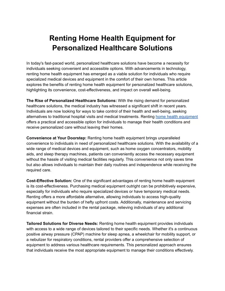 renting home health equipment for personalized