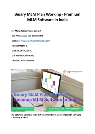 Binary MLM Plan Working - Premium MLM Software in India