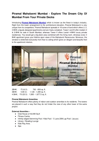 Piramal Mahalaxmi Mumbai - Explore The Dreams In The Dream City Of Mumbai