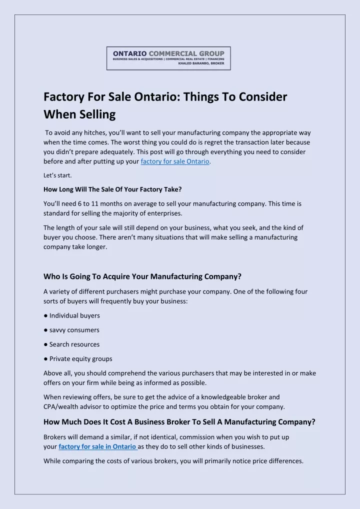 factory for sale ontario things to consider when