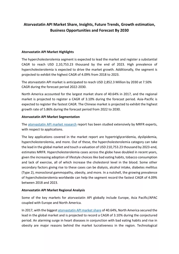 atorvastatin api market share insights future