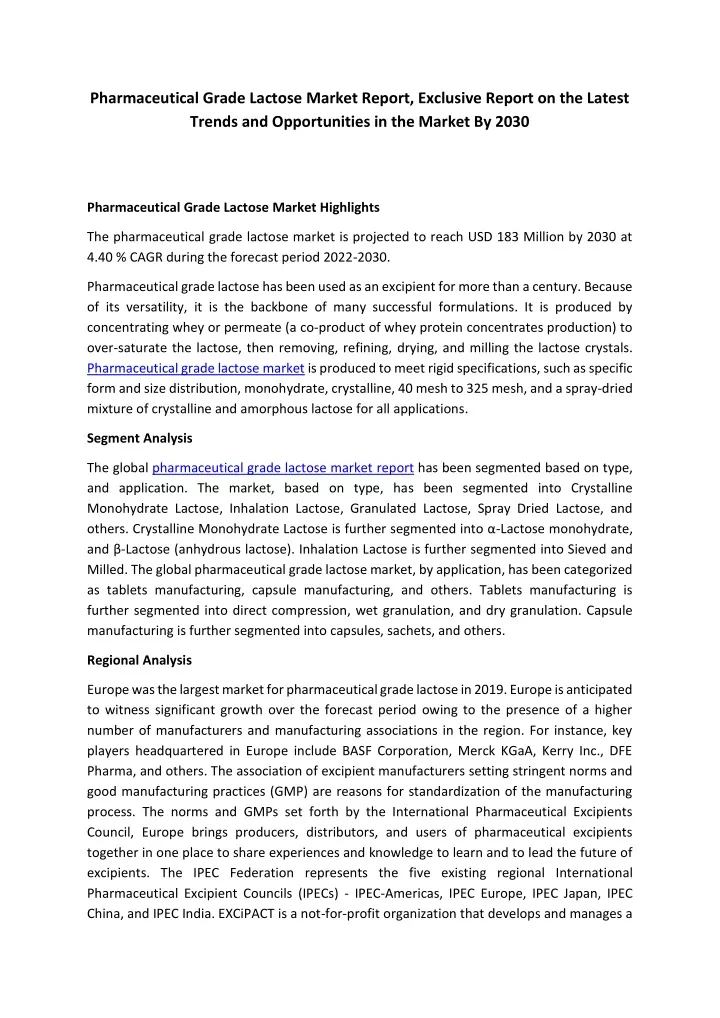 pharmaceutical grade lactose market report