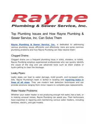 Top Plumbing Issues and How Rayne Plumbing & Sewer Service, Inc. Can Solve Them