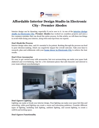 Affordable Interior Design Studio in Electronic City - Premier Abodes
