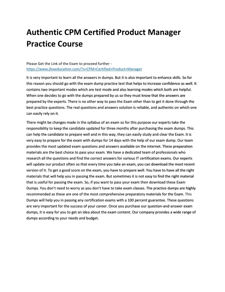 authentic cpm certified product manager practice