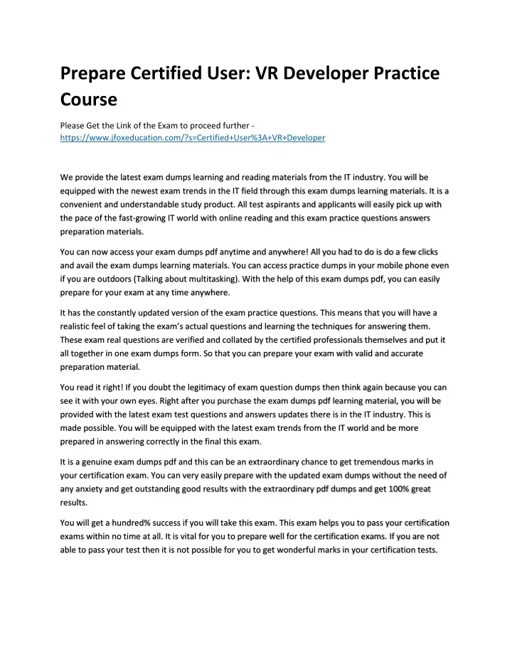 prepare certified user vr developer practice