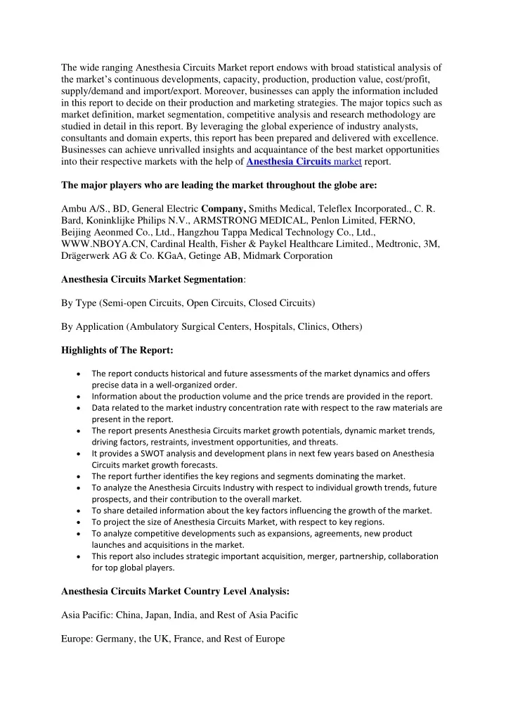 the wide ranging anesthesia circuits market