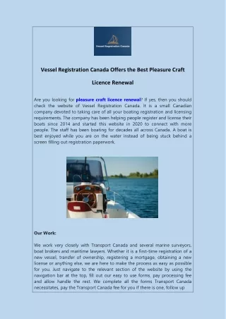 Vessel Registration Canada Offers the Best Pleasure Craft Licence Renewal