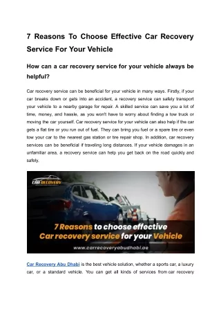 7 Reasons to choose effective car recovery service for your vehicle