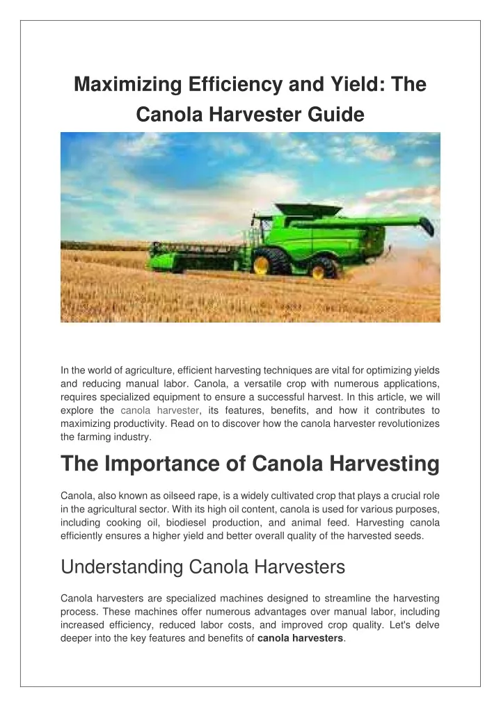 maximizing efficiency and yield the canola