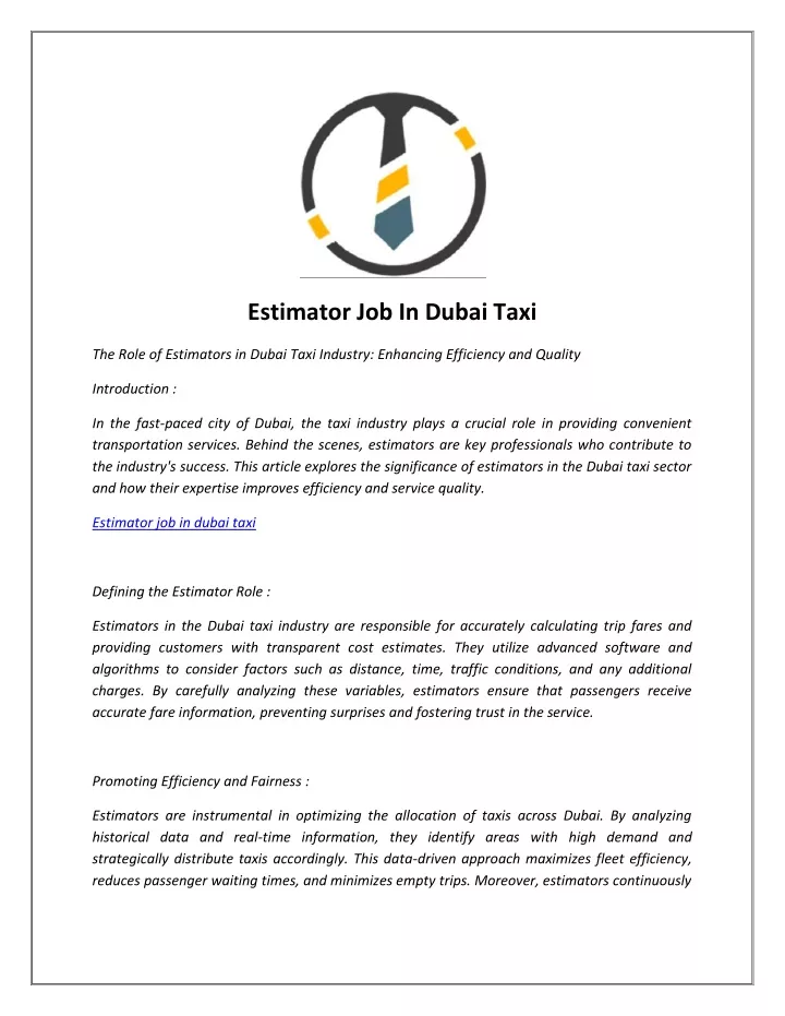 estimator job in dubai taxi