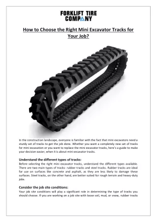 Forklift Tire Company- How to Choose the Right Mini Excavator Tracks for Your Job