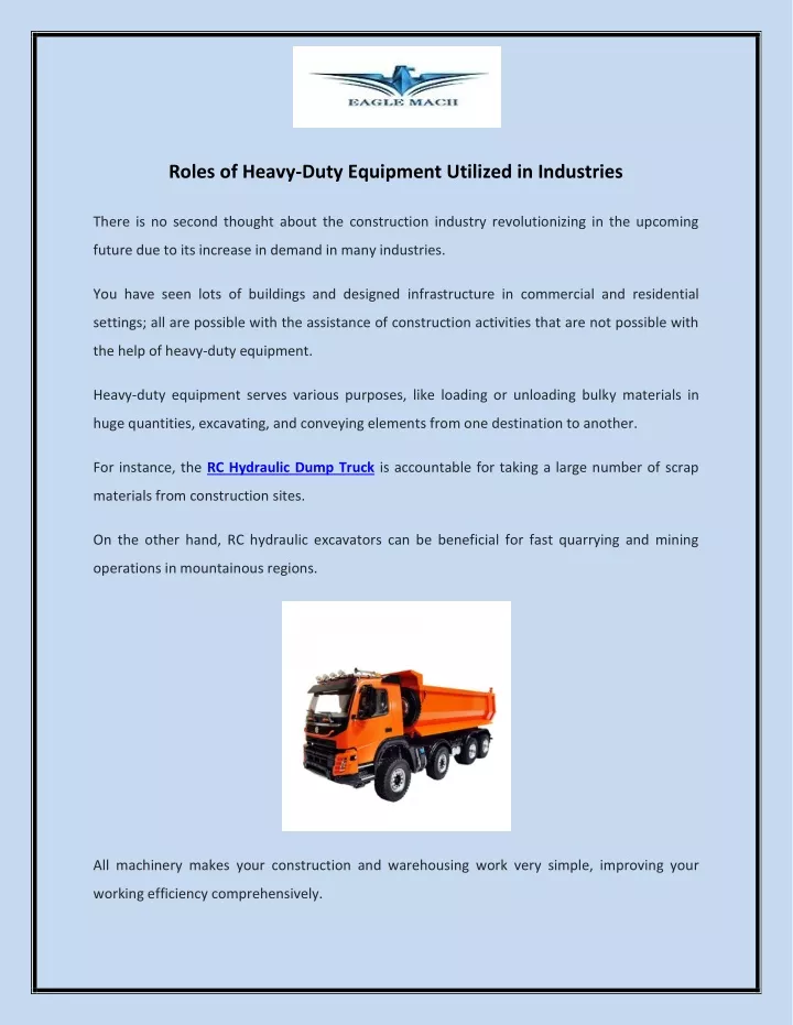 roles of heavy duty equipment utilized