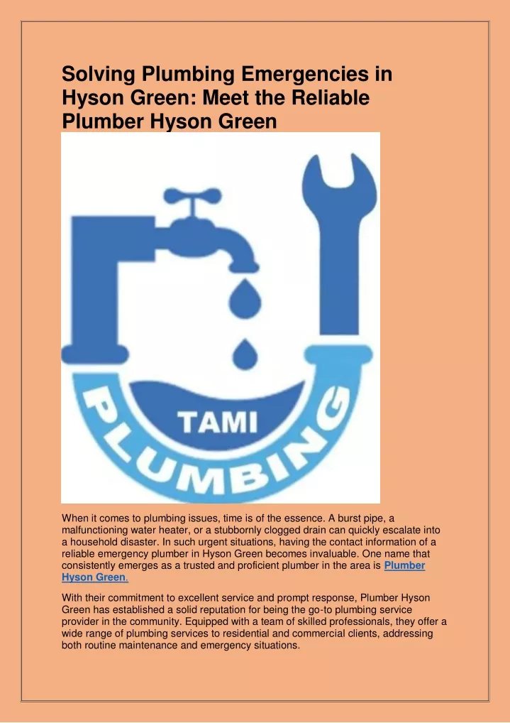 solving plumbing emergencies in hyson green meet