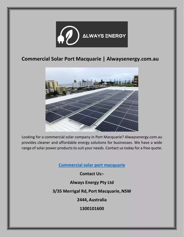 commercial solar port macquarie alwaysenergy