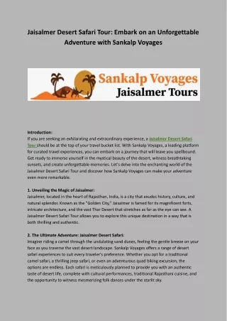 Jaisalmer Desert Safari Tour: Embark on an Unforgettable Adventure