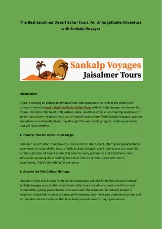 The Best Jaisalmer Desert Safari Tours An Unforgettable Adventure with Sankalp
