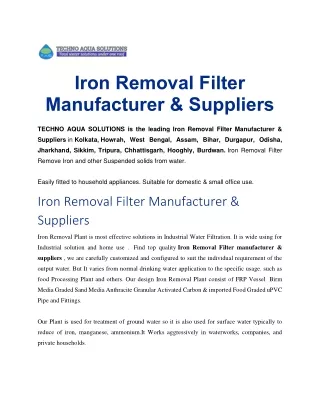 High quality Iron Removal Filter Manufacturer in kolkata