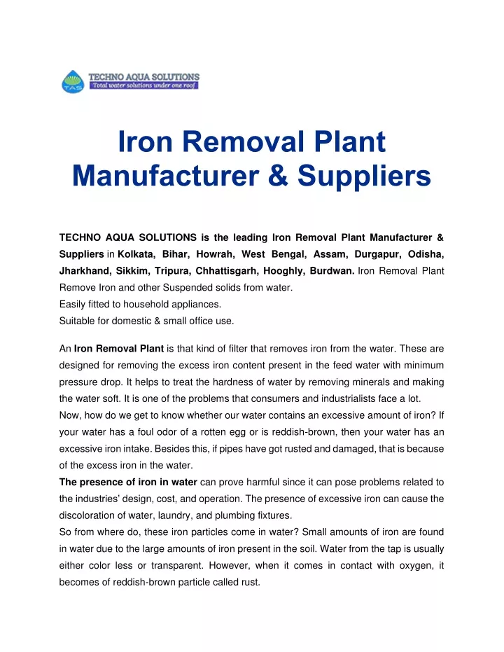 iron removal plant manufacturer suppliers techno